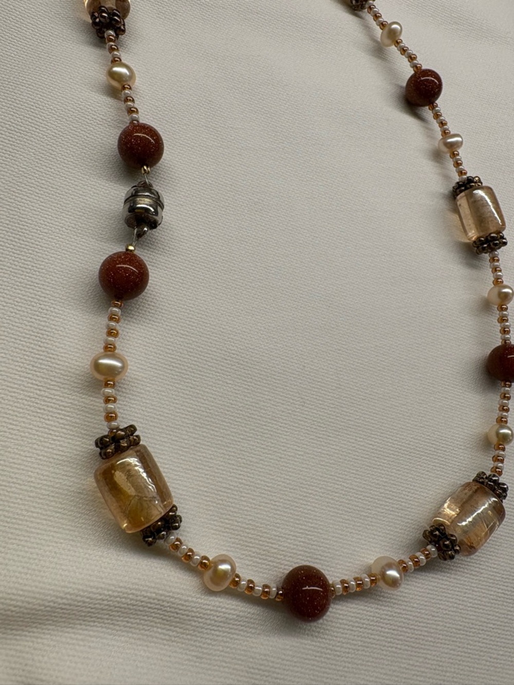 Bead & Pearl Necklace 24” | Gold Brown Accents | Magnetic Clasp